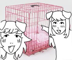 two women are standing in front of a pink cage with their faces drawn on it