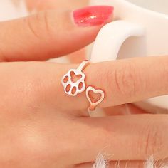 Cat Dog Paw Love Heart Open Wrap Ring – Bling Wind Paw Print Ring, Paw Ring, Dog Ring, Claw Ring, Mom Ring, Hollow Heart, Bear Necklace, Dog Paw Print, Flower Hair Accessories