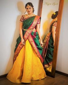 Pavadai Thavani, Cancan Saree, Banarasi Lehengas, Lehengas Designs, Designed Dresses, Lehenga Style Saree, Engagement Lehenga, Kalamkari Blouse, Marathi Wedding