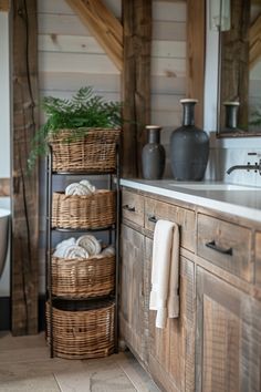 a bathroom with wooden cabinets and baskets on the sink counter, along with a white bathtub