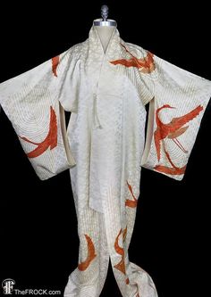 "www.TheFROCK.com www.CTMadrigal.com www.amazon.com/author/ctmadrigal Antique or near-antique silk damask kimono, robe or coat, in ivory damask with large scale exotic gold and pumpkin colored birds. Dip-dyed silk liner. Exterior ties. Measures about 48\" around where tied, and 64\" long. Condition is excellent. Layaway is available. Age-appropriate wear on vintage and antique kimonos may include slight color variation or bleed on vintage and antique hand-dyed kimono textiles, light soil and/or Traditional White Robe With Kimono Sleeves, Long White Vintage Kimono, White Long Vintage Kimono, Silk Kimono Robe, Embroidered Bird, Pumpkin Colors, Vintage Fur, New Years Sales, Silk Dyeing