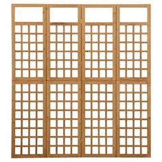 a wooden screen with four squares on the top and one in the middle, set against a white background