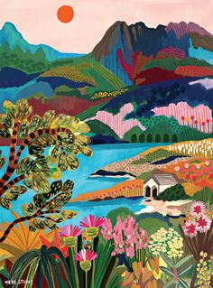 a painting of mountains, flowers and trees with the sun in the sky above them