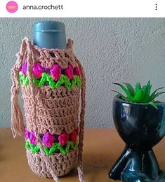 a crocheted water bottle cover sitting next to a potted succulent plant