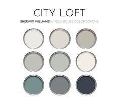 six different shades of gray paint with the words city loft above them in black and white