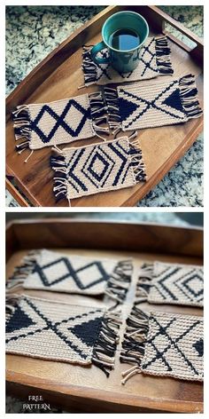 two pictures showing different ways to decorate rugs on a tray with coffee cup in the middle