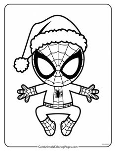 Coloring page featuring a cartoon character dressed as Spider-Man wearing a Santa hat, ideal for holiday-themed arts and crafts activities for children. Spiderman Images Free Printable, Spiderman Coloring Sheet, Disney Christmas Coloring Pages Free Printable, Spiderman Christmas Drawing, Spiderman Christmas Coloring Pages, Christmas Cards Coloring Free Printable, Spider Man Coloring Pages Free Printable, Spider-man Christmas, Spiderman Coloring Pages Free Printable