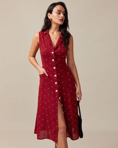 The Red V Neck Polka Dot Tie Back Midi Dress - Women's Red Polka Dot Button Up Print Midi Dress - Red - Dresses | RIHOAS Estilo Meghan Markle, Polka Dot Midi Dress, Red Polka Dot Dress, Tailored Clothes, Polka Dot Tie, V Neck Midi Dress, Sleeveless Midi Dress, Polka Dot Design, Dot Design