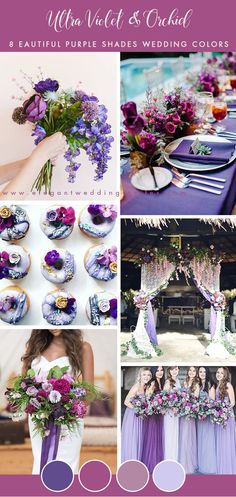 purple and green wedding color palettes for the bride's bouquet, flowers, and more