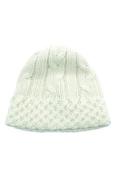 Keep your head toasty in this blended knit beanie that is covered in cozy cables. 60% lambswool, 20% nylon, 20% rabbit hair Dry clean Imported Winter Wool Cable Knit Hat, Fall Wool Cable Knit Hat, Cozy Cable Knit Crochet Hat For Fall, Cozy Cream Knit Hats, Wool Cable Knit Hats For Cold Weather, Cozy Cable Knit Winter Hat, Cozy Cable Knit Beanie For Winter, Cozy Cable Knit Winter Beanie, Cozy Cable Knit Crochet Hat For Winter