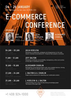 an orange and black conference poster