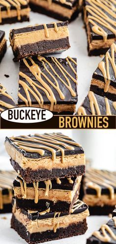 there are several pieces of brownies with caramel drizzles on them