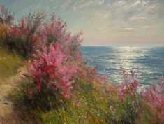 an oil painting of flowers by the ocean