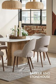 an image of a dining room setting with modern chairs and table in the foreground