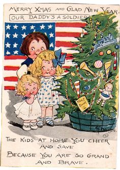 an old fashioned christmas card with two children and a tree in front of the american flag