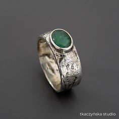 "Unique Simple Raw Texture Emerald Ring, Original Emerald Signet Ring, Unique Texture Viking Ring Band, Medieval Style Unisex Green Gem Ring Fused and hammered sterling silver ring with gorgeous oval emerald.  Organic style design. Materials:  Sterling silver (925 silver), emerald The rings in the photo are already sold. The ring can be custom-made in any size, also with a stone. Due to the fact that each piece is made by hand with a unique stone, it can slightly vary from the one in the photos. Silver Ring Emerald, Silver Ring Stone, Antique Silver Ring, Silver Ring Green Stone, Unisex Rings, Viking Rings, Gold Stone Ring, Handmade Silver Emerald Ring For Wedding, Handmade Unique Sterling Silver Emerald Ring