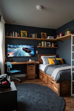 #homedecor, #interiordesign, #homedesign, #decor inspiration Boy Rooms With Desk, Small Bedroom With Gaming Setup, Guy Room Inspiration, Kids Gamer Room Ideas, Small Teenage Boys Bedroom Ideas, Boys Bedroom Ideas 10 Year, Small Bedroom Ideas Teen Boy, Accent Wall Teen Boy Bedroom, Gamer Teen Boy Bedroom