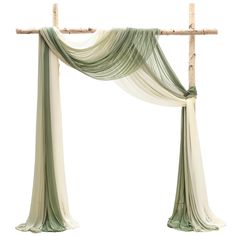 a wooden cross with sheer curtains hanging from it's sides on a white background