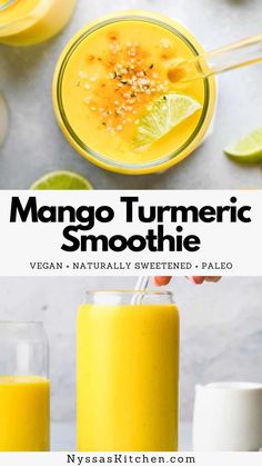 mango turment smoothie in a glass next to two glasses filled with orange juice