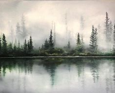 a painting of trees and water in the fog