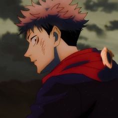 an anime character with red hair and blue eyes looks at something in the distance as he stares back