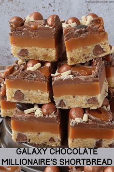 a pile of chocolate and almond shortbreads stacked on top of each other with text overlay