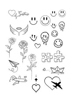 some drawings that have been drawn on the back of a sheet of paper with hearts, flowers