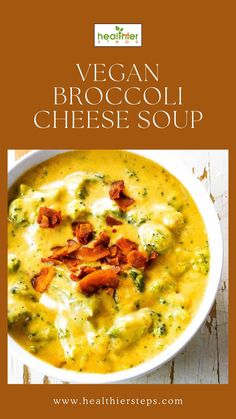 This is Vegan Broccoli Cheese Soup by healthier steps Vegan Broccoli Cheese Soup, Healthy Broccoli Cheese Soup, Broccoli Cheese Bake, Soup Broccoli, Broccoli Cheese Soup Recipe, Cheese Soup Recipe, Vegan Broccoli, Comforting Dinner