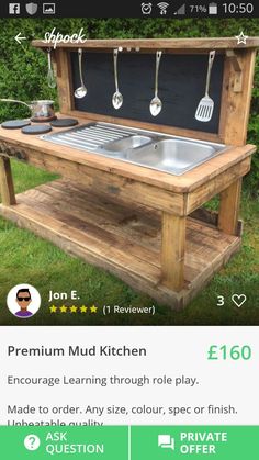 an outdoor kitchen made out of pallets and wooden planks, with the words premium mud kitchen on it