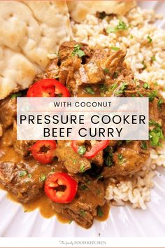 pressure cooker beef curry on a plate with rice and pita bread in the background