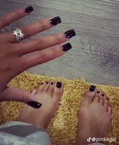 Black Mani And Pedi, Black Toes And Nails, Black Nails And Toes Matching, Black Short Nails Acrylic, Short Black Tip Nails, Black Nails And Toes, Short Classy Nails Acrylic Square, Black Mani Pedi, Nail Polish Ideas For Short Nails