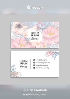 two business cards with flowers and leaves on them, one is white and the other is pink