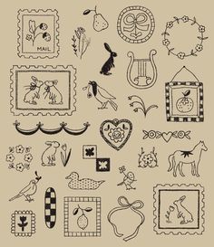 a collection of stamps with animals and birds on them, all drawn in black ink