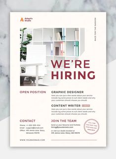 a flyer for an interior design company with white marble background and red lettering that reads we're hiring