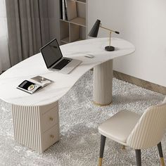 a white desk with a laptop on it in front of a bookcase and chair