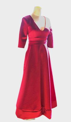 Luexco Elegant Deep V Neck Half Sleeve Dress-Red Elegant A-line Gala Gown, Evening V-neck Maxi Dress With Fitted Bodice, Elegant A-line Maxi Dress With Fitted Bodice, Dressy A-line Midi Dress For Evening, Elegant A-line Gown For Prom Season, Chic V-neck Prom Gown, Glamorous A-line Midi Dress For Prom, Maxi Length Midi Dress For Gala, Elegant A-line Prom Gown