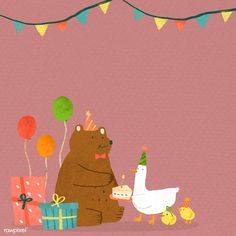 a bear is holding a birthday cake next to a duck and ducks with balloons in the background