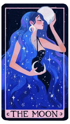 the moon tarot card with an image of a woman holding a ball in her hand