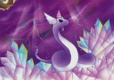 a painting of a purple bird with wings on it's back, sitting in front of leaves