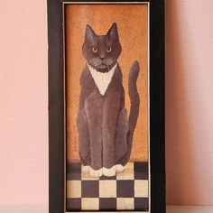 a painting of a cat sitting on top of a checkered floor