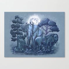 an elephant is surrounded by other animals in the forest with trees and moon behind it