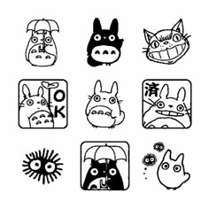 some black and white drawings of animals on a white background with the words hello kitty written below them