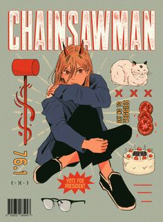 the cover to chainsawman, featuring an image of a woman sitting on her knees