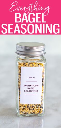 a glass jar filled with everything you need to know about bagel seasoning