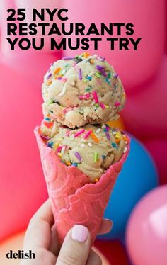 two scoops of ice cream with sprinkles on top and the words 25 nyc restaurants you must try