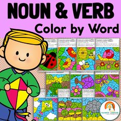 an image of a boy holding a kite in front of the words, non and verbb color by word