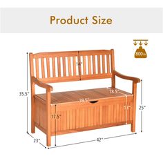 a wooden bench with storage underneath it and measurements for the seat area on each side