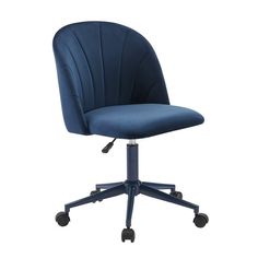 a blue office chair with wheels and casteors on an isolated white background, front view