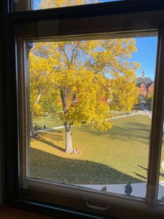 the view from inside a window looking out onto a grassy area and trees with yellow leaves