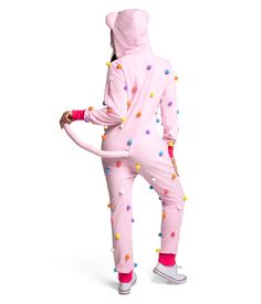 a person in a pink costume with multicolored sprinkles on it